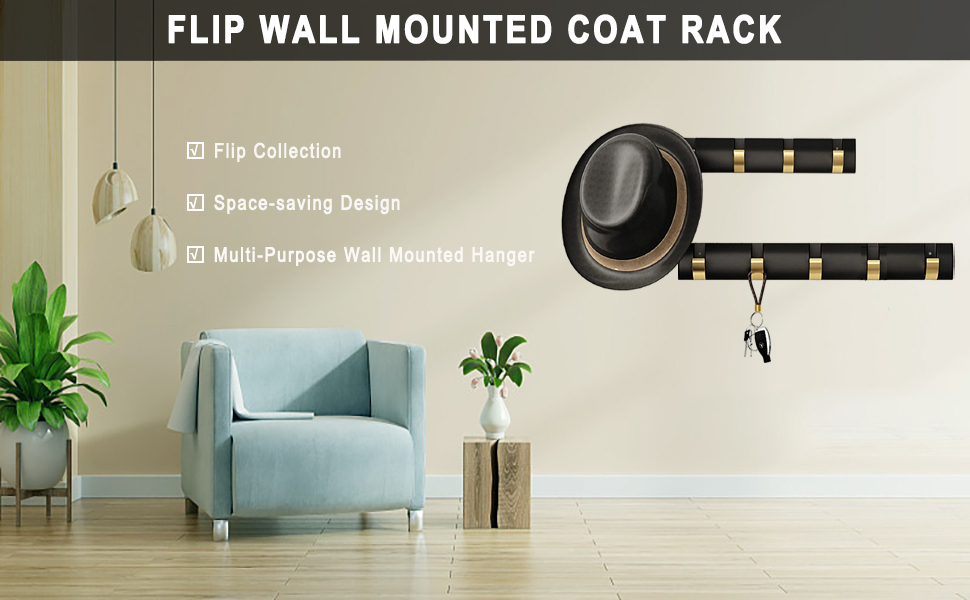 Coat Rack Wall Mounted with 3 Flip Hooks, Heavy Duty Aluminum Coat Hook