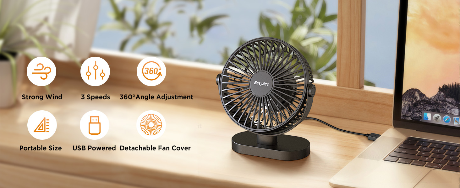 EasyAcc USB Fan, 2023 New Powerful Desk Fan 360° Adjustment 3 Speeds