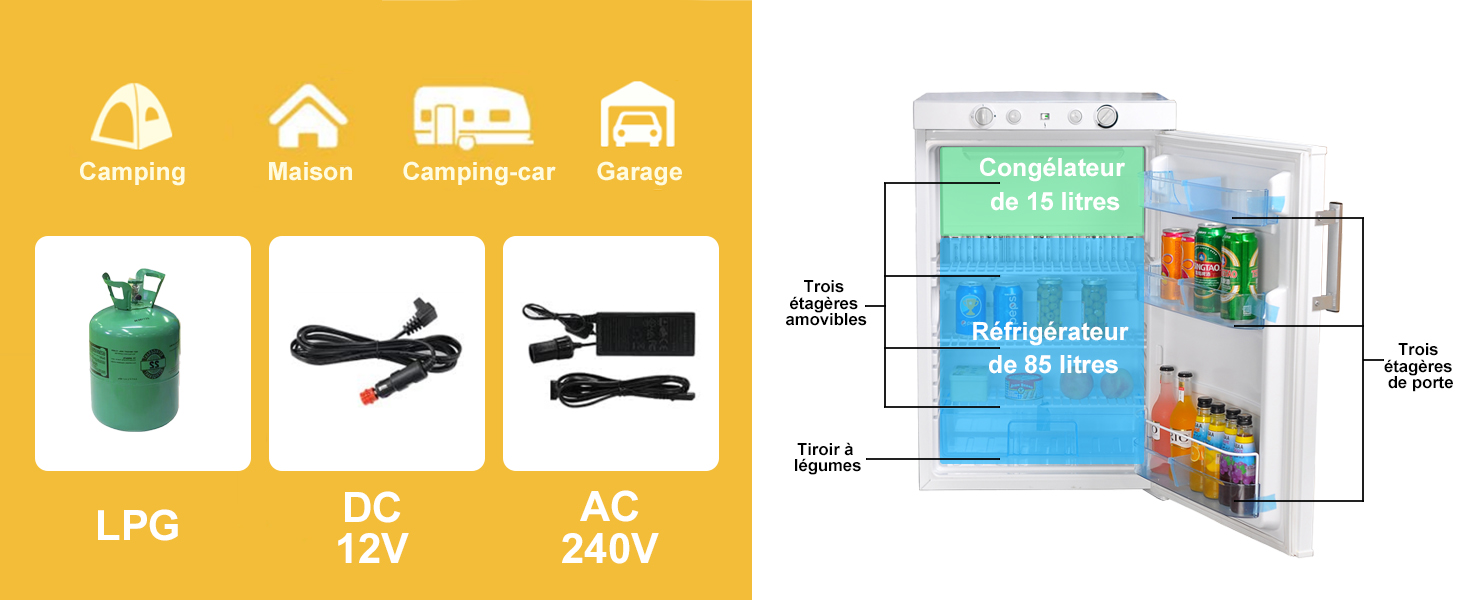 SMETA Frigo Camping Gaz, 100L, Frigo Trimixte 12V 220V Gaz, Frigo