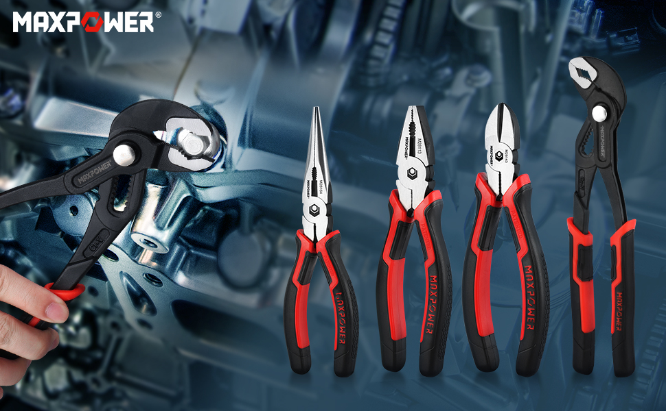 MAXPOWER 4 Piece Pliers Set, 8 inch Lineman Pliers, Diagonal Cutting