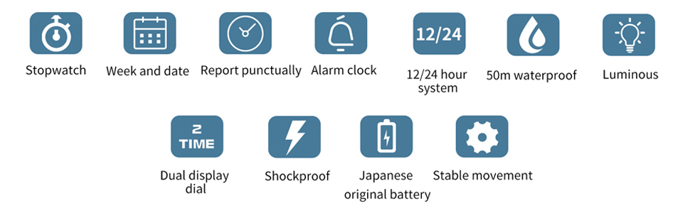 stopwatch alarm clock analog digital dual time watch day date calendar week second hand