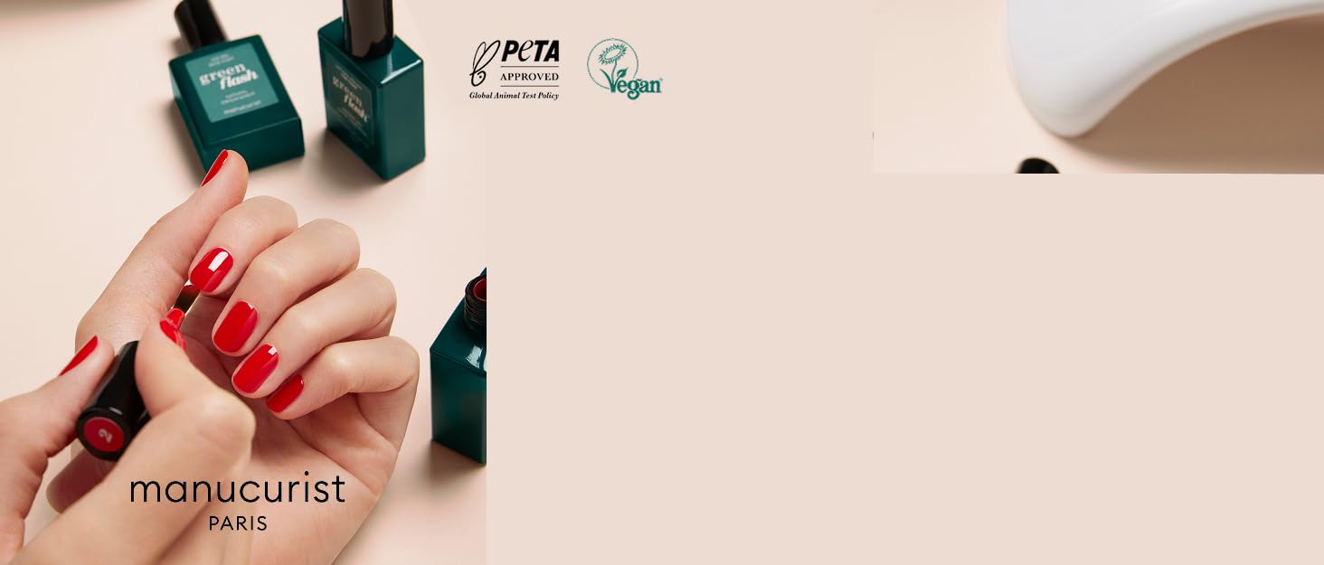 Manicured hand with bright red nail polish next to green nail polish bottles. PETA and vegan logos visible. Beige background with white curved element.