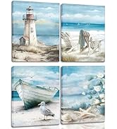 XXOUYLQ 4pcs Blue Beach Canva Wall Art Beach Bathroom Wall Decor Seagull Posters Ocean Flower Pic...
