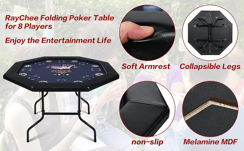 RayChee Poker Table Foldable, 8 Player Octagonal Folding