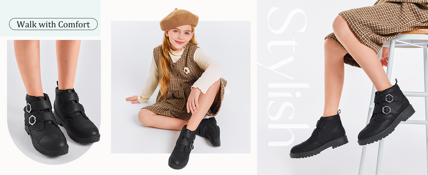 Girls Ankle Boots Kids Combat Boots Flower Buckle Straps Low Heel Fall Winter Booties Shoes