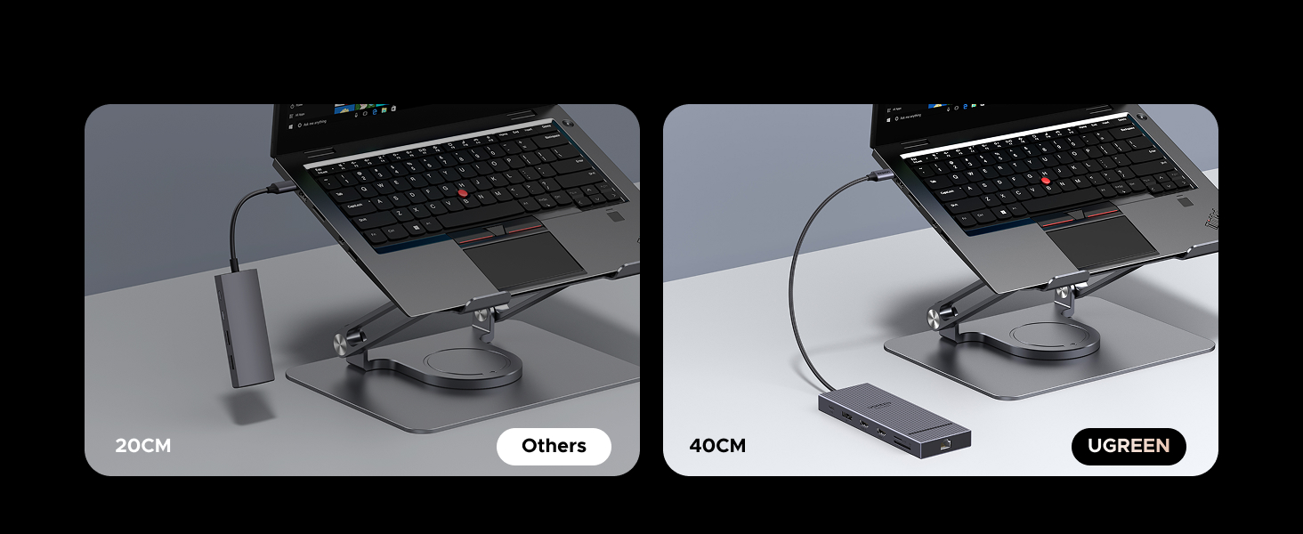 Two-panel image of laptop stand with USB hub. Left panel shows 20CM configuration, right panel shows 40CM setup with extended arm and additional ports visible.