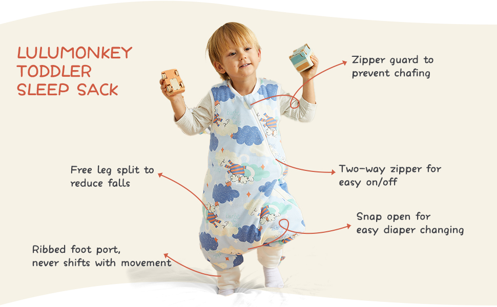 LULU MONKEY Baby Sleeping Bag with legs 1.5 Tog, Soft Cotton Toddler Wearable Blanket for Baby