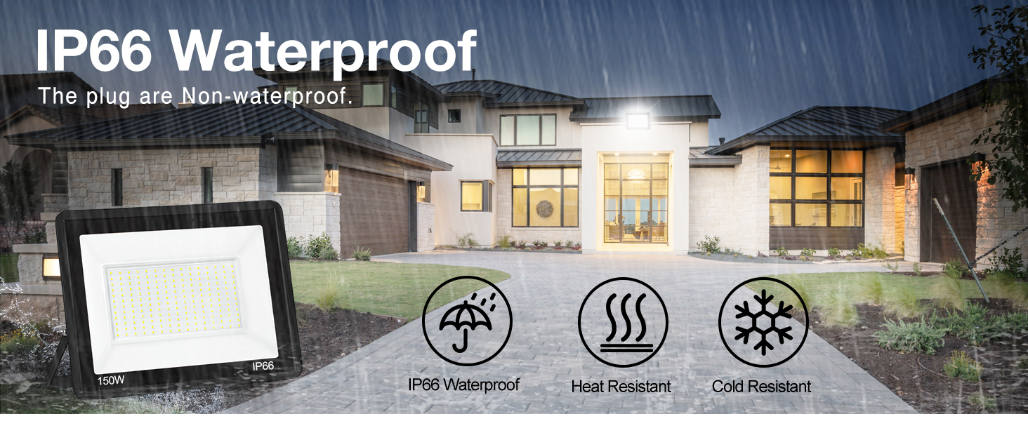 150W LED Flood Light, 18000LM Outside Lights for Yard Plug in Durable IP66 Waterproof 6500K