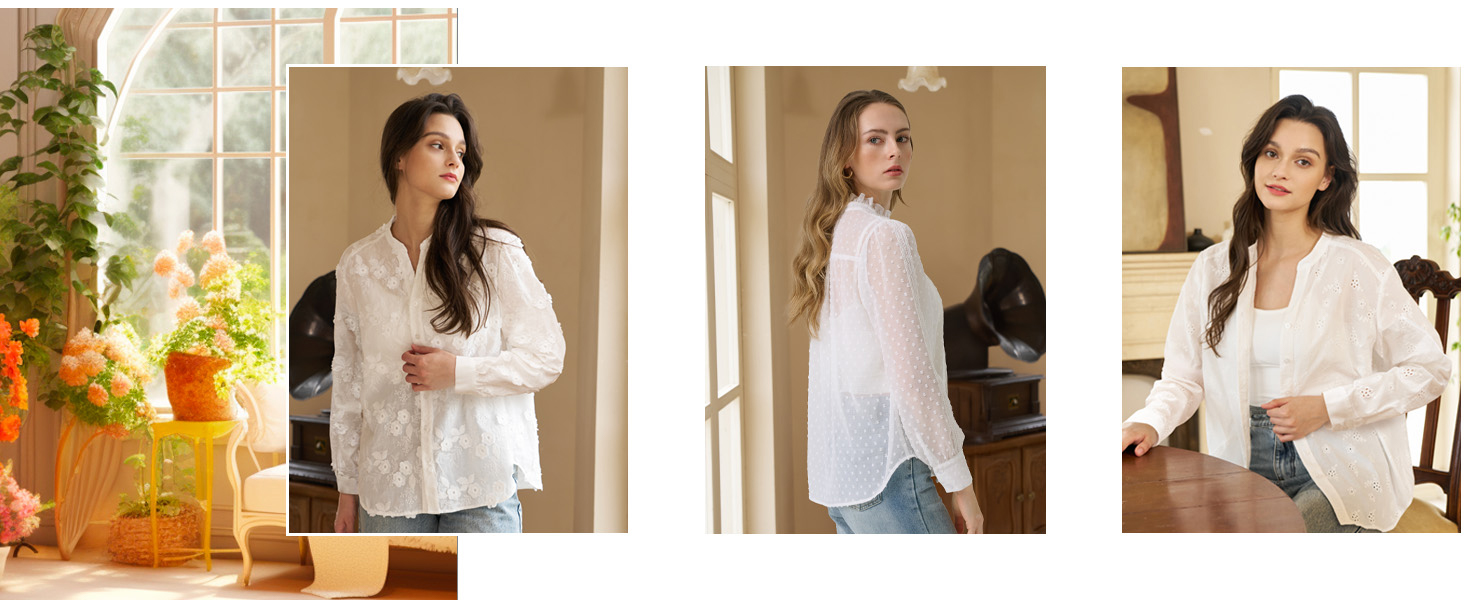 white long sleeve chiffon women Victorian Edwardian dressy casual mock neck vintage pom summer 2024