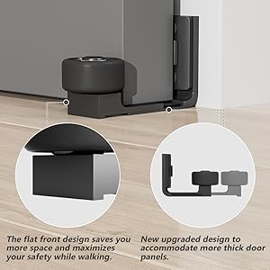 Door stopper with flat front design and adjustable thickness accommodation. Two circular insets show detailed views of the product's features.