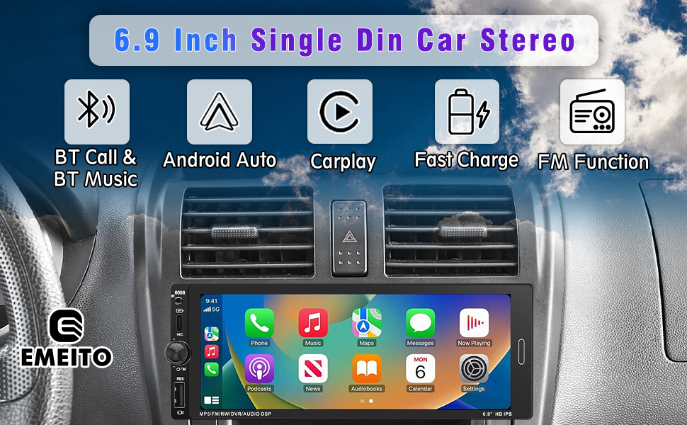 single din stereo;single din car radio;6.9inch car stereo;wireless apple carplay