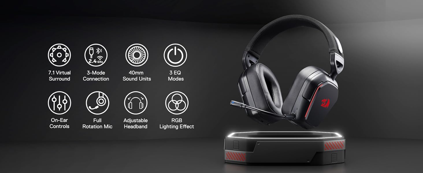 Herní headset s červenými detaily a osmi funkčními ikonami, které označují bezdrátové připojení, výdrž baterie a specifikace ovládání.