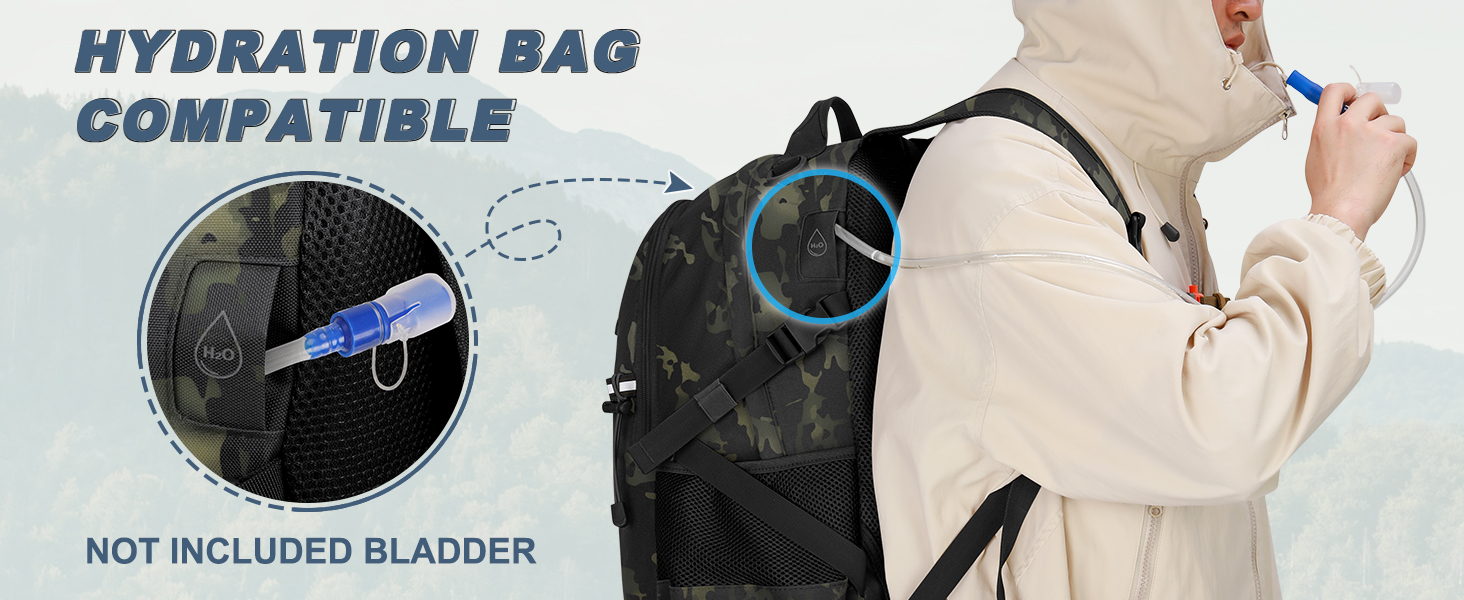 Black backpack with hydration bladder compatibility, featuring mesh panels and a drinking tube port. Inset circular diagram shows bladder connection point. Bladder not included.