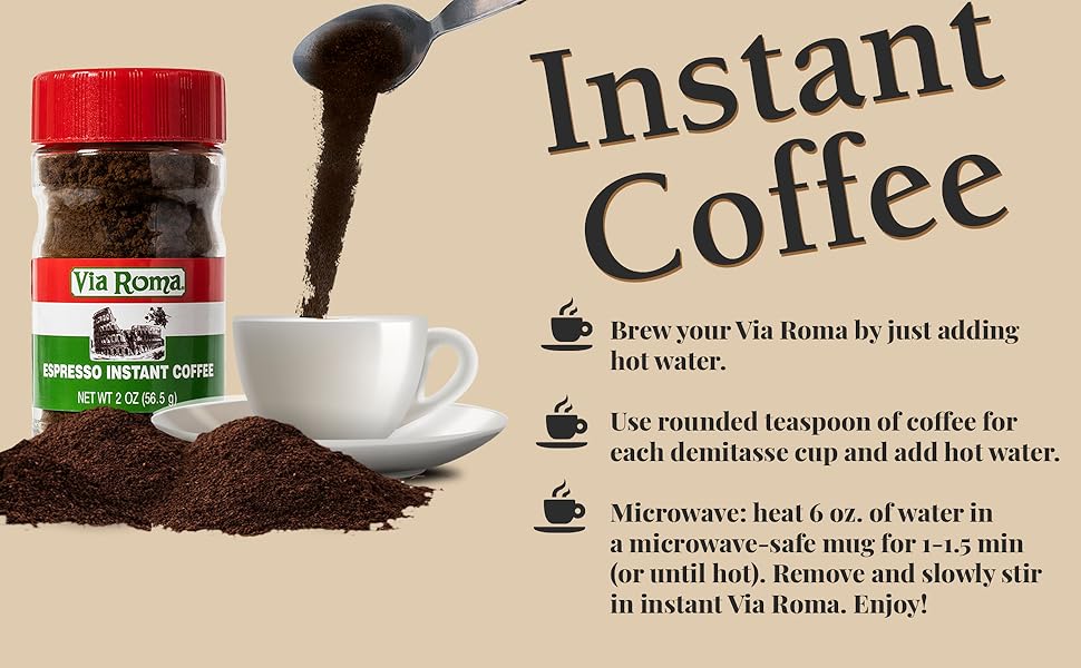 VIA ROMA Instant Espresso Coffee, Classic Italian Instant