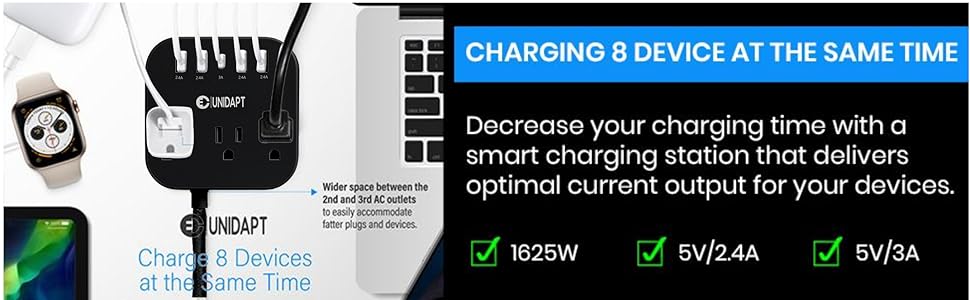 European Plug Adapter, Unidapt US to UK Europe Power Strip for EU/UK/US with USB C and 4 USB Ports, 3 AC Outlets, Wall Mountable, 5ft Extension Cord, for Travel Cruise Ship Home (Black) 10 Smart charging station that delivers optimal current output for your devices, dual voltage 110-240V