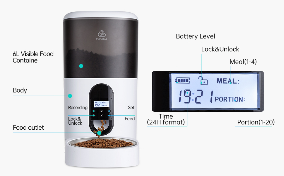 Petoday Automatic Cat Feeder, 6L Timed Cat Feeder with Desiccant Bag
