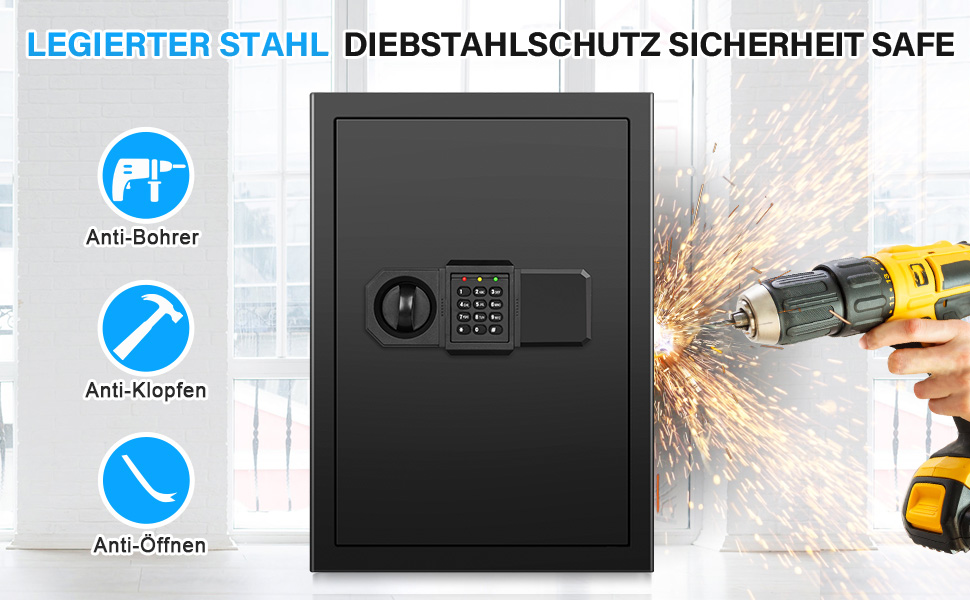 Black electronic security safe with digital keypad, featuring anti-drilling, anti-prying, and anti-tampering protection, demonstrated with power tool resistance.