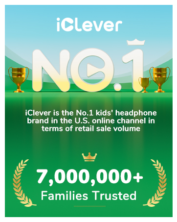 Text reads 'iClever', 'NO.1', '7,000,000+ Families Trusted', 'iClever is the No.1 kids' headphone brand and a true channel in caring for kids safe volume'. Marketing banner with green background and crown icons.