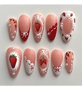 24Pcs Cute Strawberry Press on Nails Medium Almond Fake Nails with 3D Pearl Designs Stick on Nail...