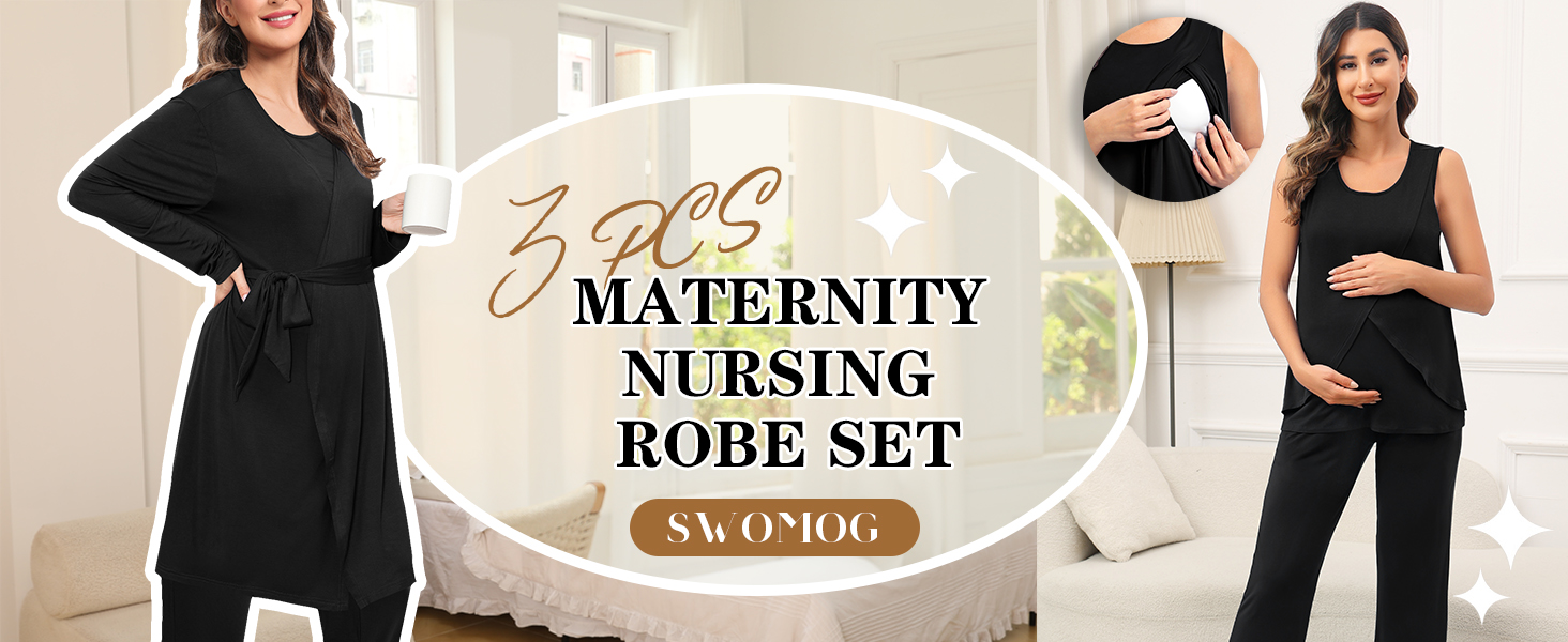 Maternity Nursing Robe Set 3 PCS Postpartum Breastfeeding Pajamas Pregnancy Pjs Lounge Set