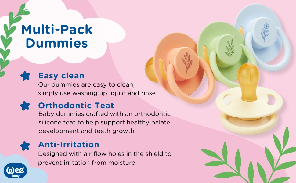 Wee Baby (4Pack) Baby Dummies Durable, Opaque Teething Dummy with