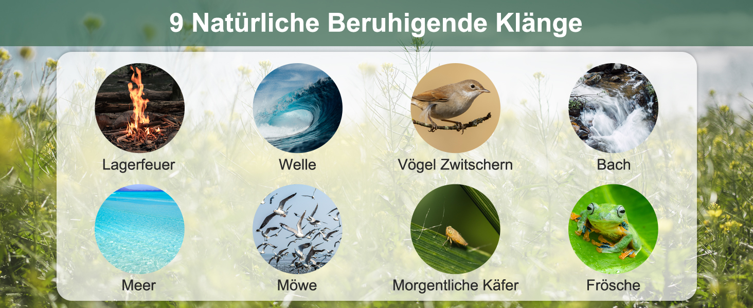 Sammlung von 8 kreisförmigen Naturgeräuschen: Lagerfeuer, Wellen, Vogelgezwitscher, Wasserfall, Meer, Wiese, Morgenvögel und Frösche. Titel '9 Natürliche Beruhigung