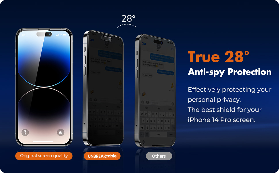 UNBREAKcable Privacy Screen Protector for iPhone 14 Pro, Shatterproof