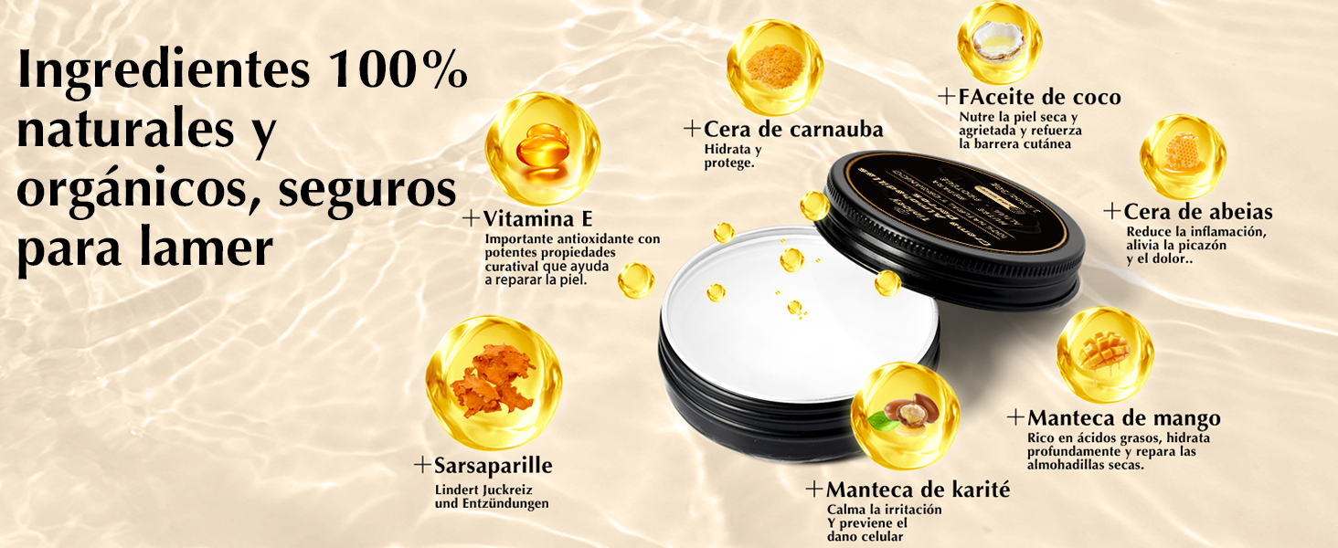 El texto dice «Ingredientes 100% naturales y orgánicos, seguros para lamer». Exhibición del producto que muestra productos cosméticos o de cuidado de la piel naturales con ingredientes de color miel.
