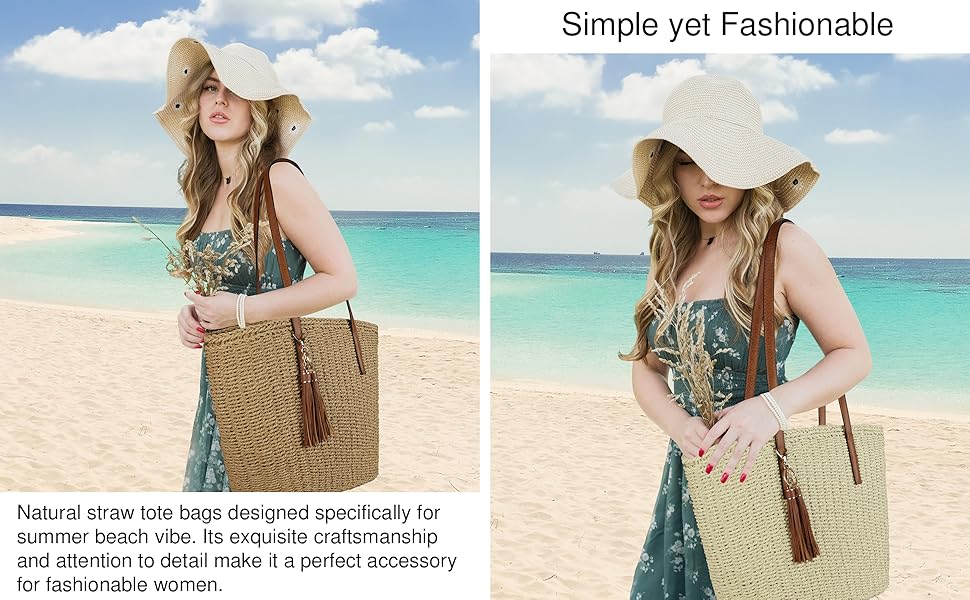 Womens Large Straw Tote Bag Handmade Woven Shoulder Handbag Summer Beach Purse with Tassel