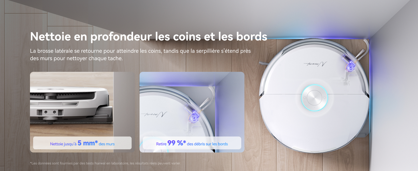 Le texte se lit comme suit : « Nettoyez en profondeur les coins et les bords ». Série d'images techniques ou pédagogiques montrant ce qui semble être des procédures de nettoyage ou d'entretien.