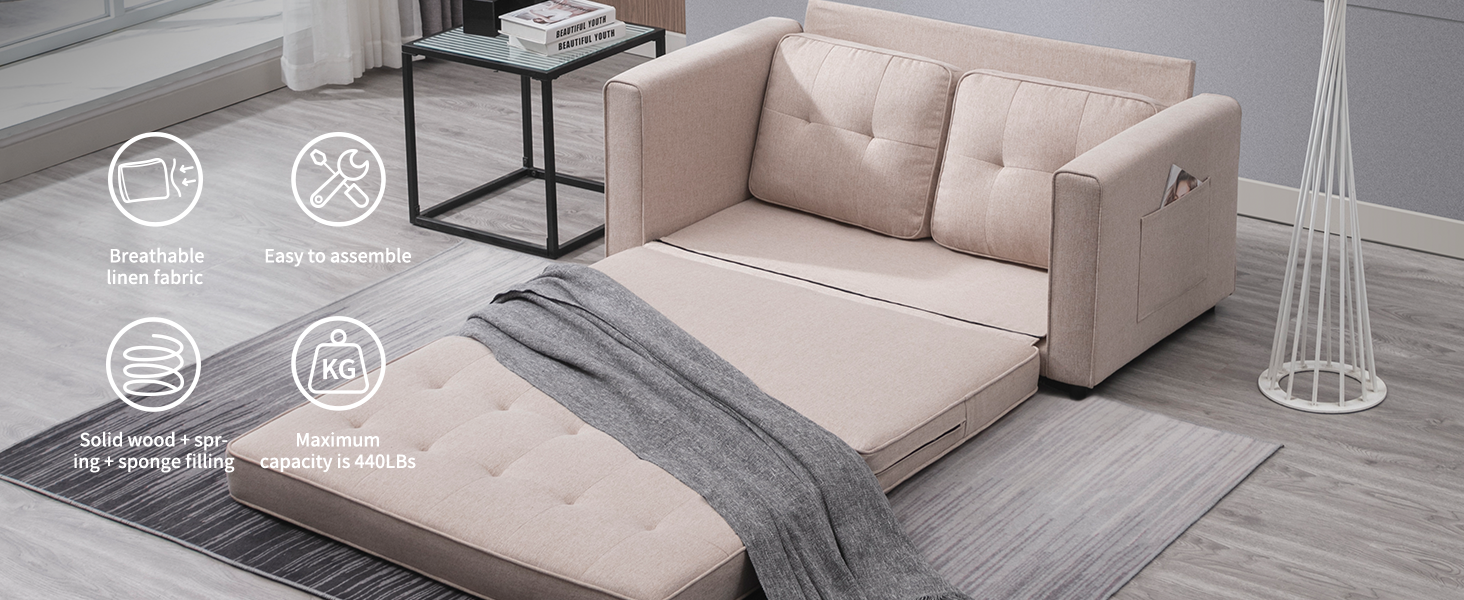 CECER 55" W Loveseat Sleeper，Linen Fabric Convertible Foldable Couch Bed，Full Size