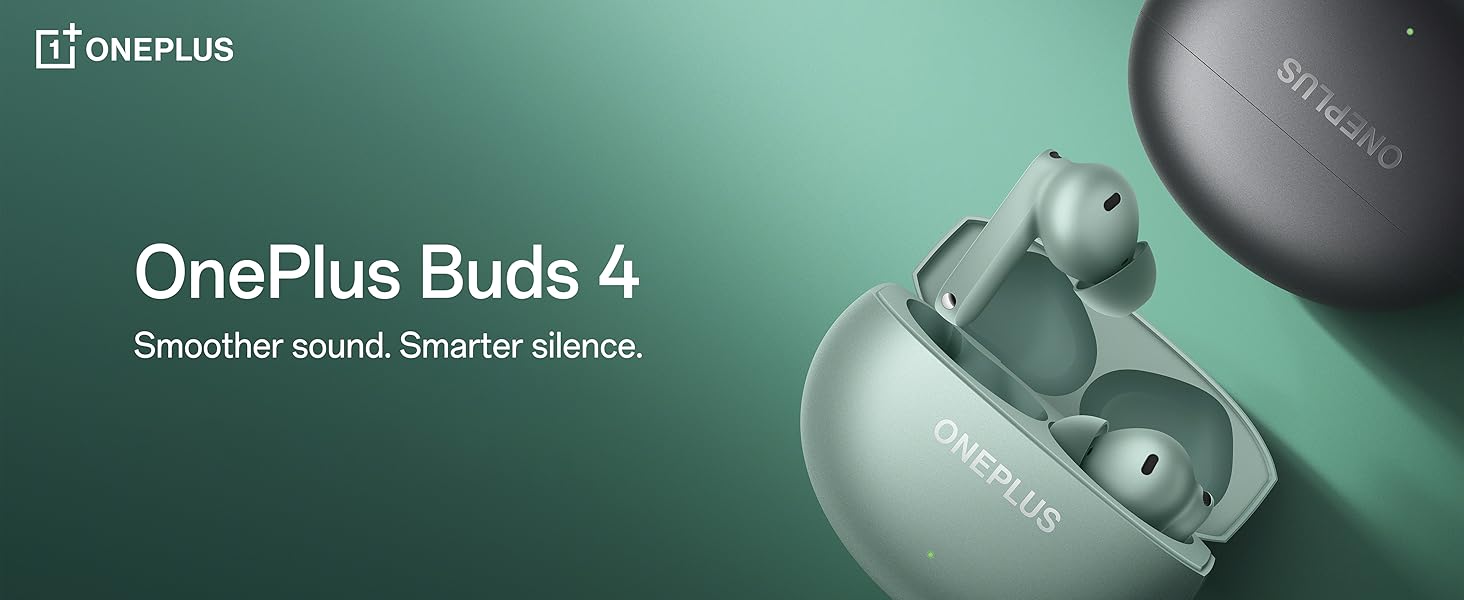 Text reads 'OnePlus Buds 4'. Marketing image showing wireless earbuds product banner with teal-green background gradient.