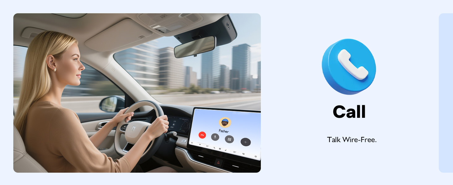 Text reads 'Call'. Split image showing person in car and blue phone icon with text below.