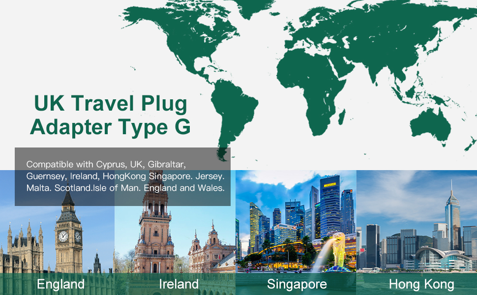 US to UK Ireland Plug Adapter, 5FT Extension Cord, Type G