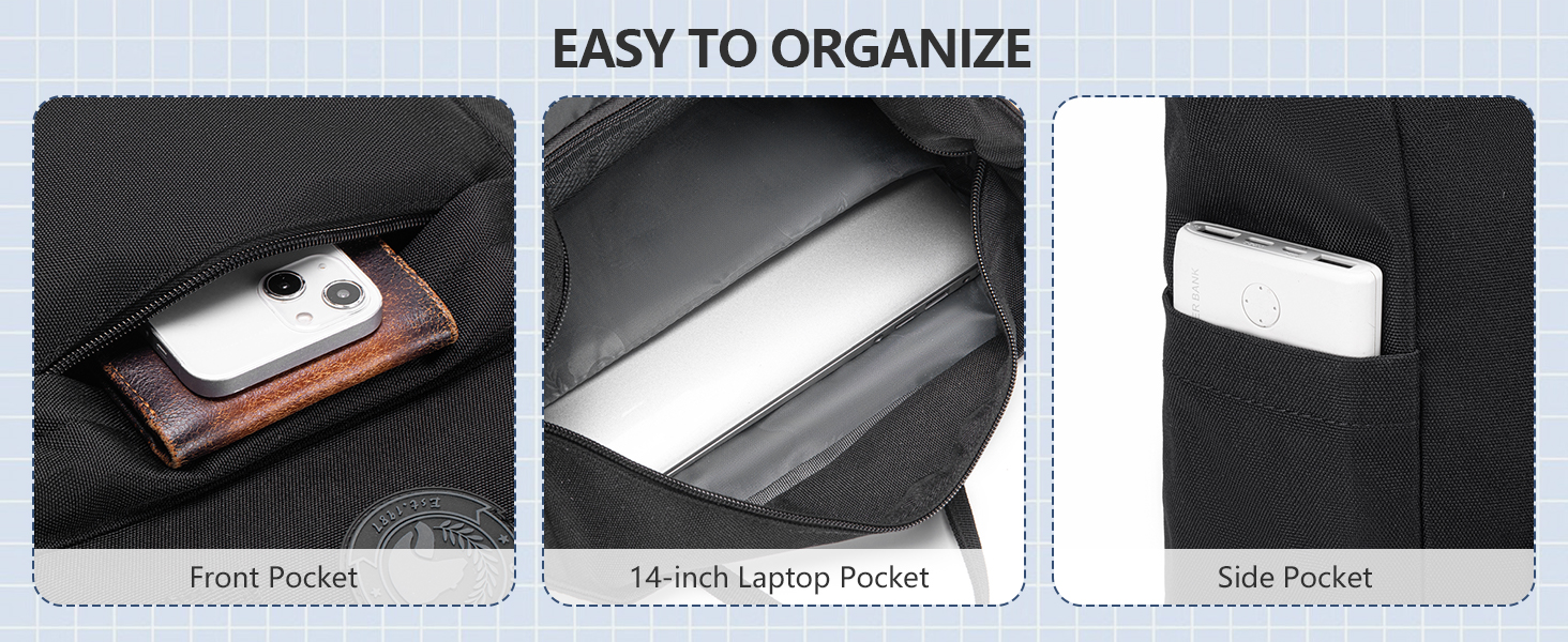 Le texte indique « FACILE À ORGANISER ». Plusieurs compartiments de portefeuille en cuir noir présentés sous différents angles, présentant des emplacements pour cartes et des sections de rangement.