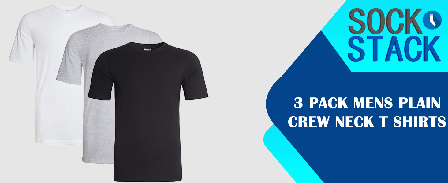 Product image for SockStack 3-pack men's plain crew neck t-shirts. Shows folded shirts in white, light gray, and black colors.