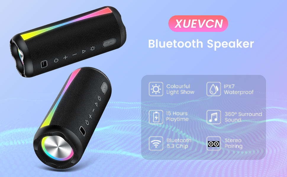 Cylindrical black Bluetooth speaker with LED lighting effects, product specifications shown on blue background.