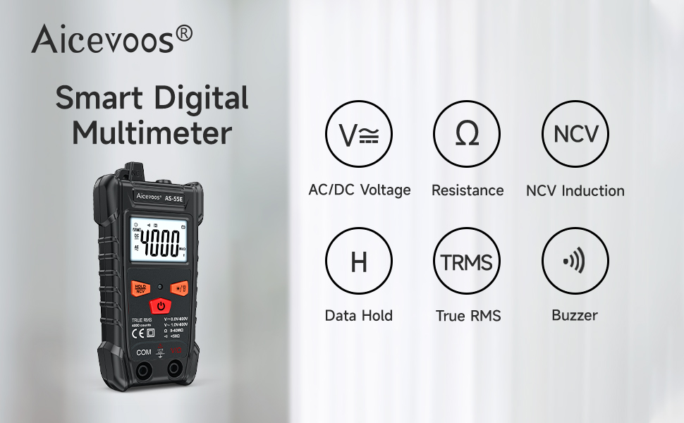 Aicevoos Smart Digital Multimeter. Features include AC/DC voltage, resistance, NCV induction, data hold, true RMS, and buzzer. Compact black design with digital display.