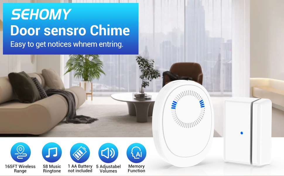 SEHOMY Door Chime, Wireless Door Open Sensor Alarm Chimes with 165 Ft Operating Range, 58 Chimes