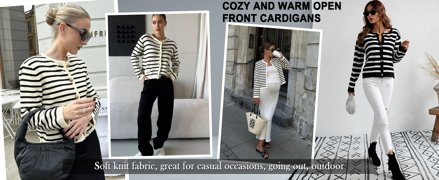 Ladies Button Down Stripe Long Sleeve Sweater Cardigans