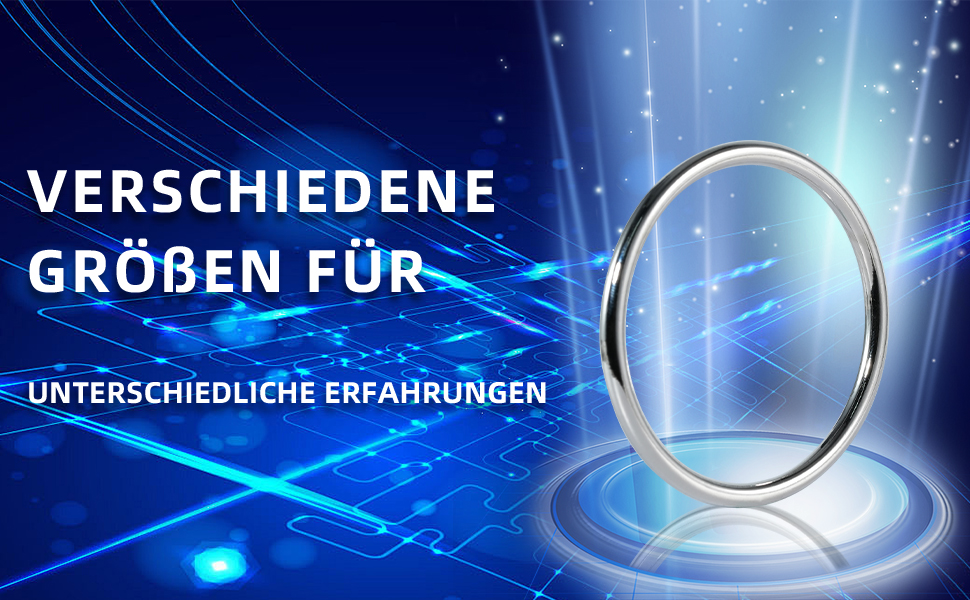 Produktvisualisierung mit kreisförmigem Ring oder Band vor blauem technischem Hintergrund mit deutschem Text in verschiedenen Größen.