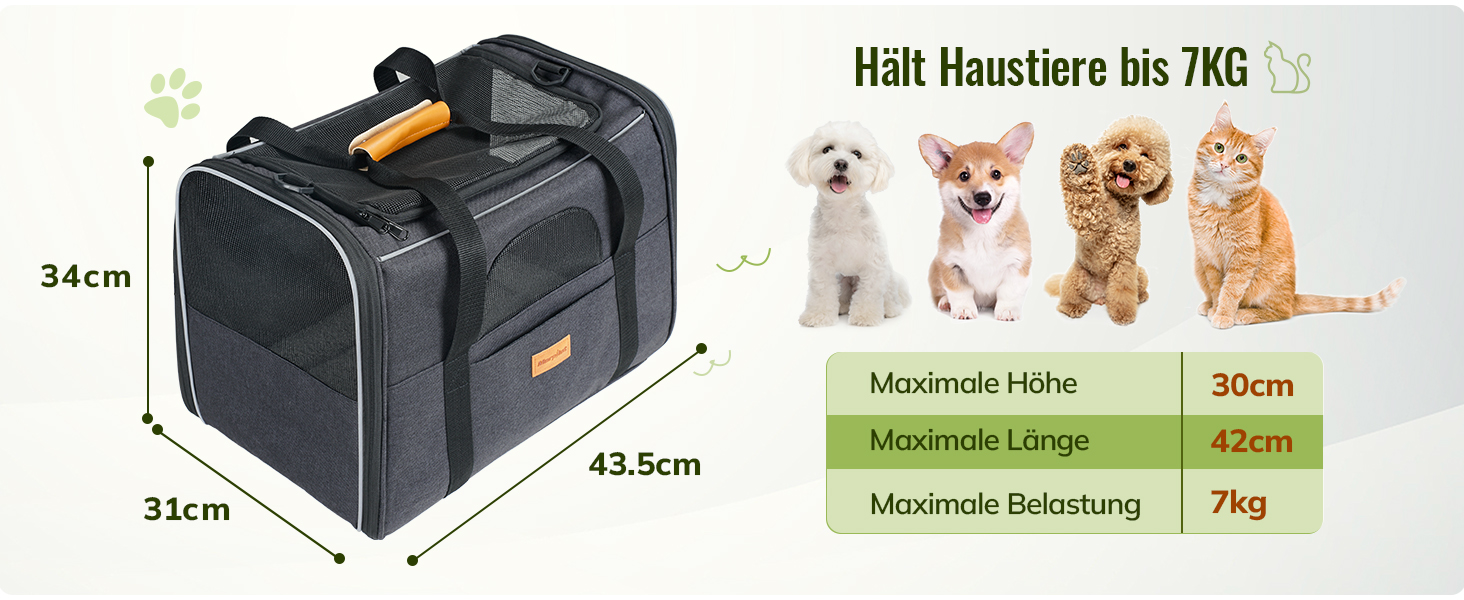Das Diagramm mit den technischen Daten der Transportbox zeigt die Abmessungen 34 x 31 x 43,5 cm, das maximale Gewicht beträgt 7 kg, geeignet für Haustiere bis 7 kg.