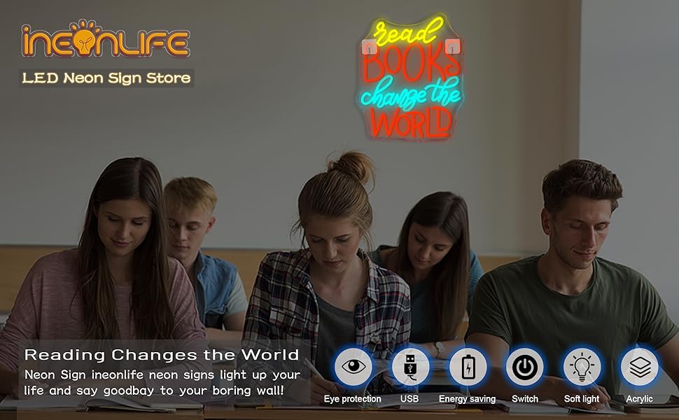 ineonlife Read Books Change The World Neon Sign, Neon Signs for Wall Decor, Dimmable Letter Led Neon Lights for Bedroom, USB Light Up Signs for Reading Room Classroom Study Group Library Decoration 16 Read Books Change the World Neon Sign