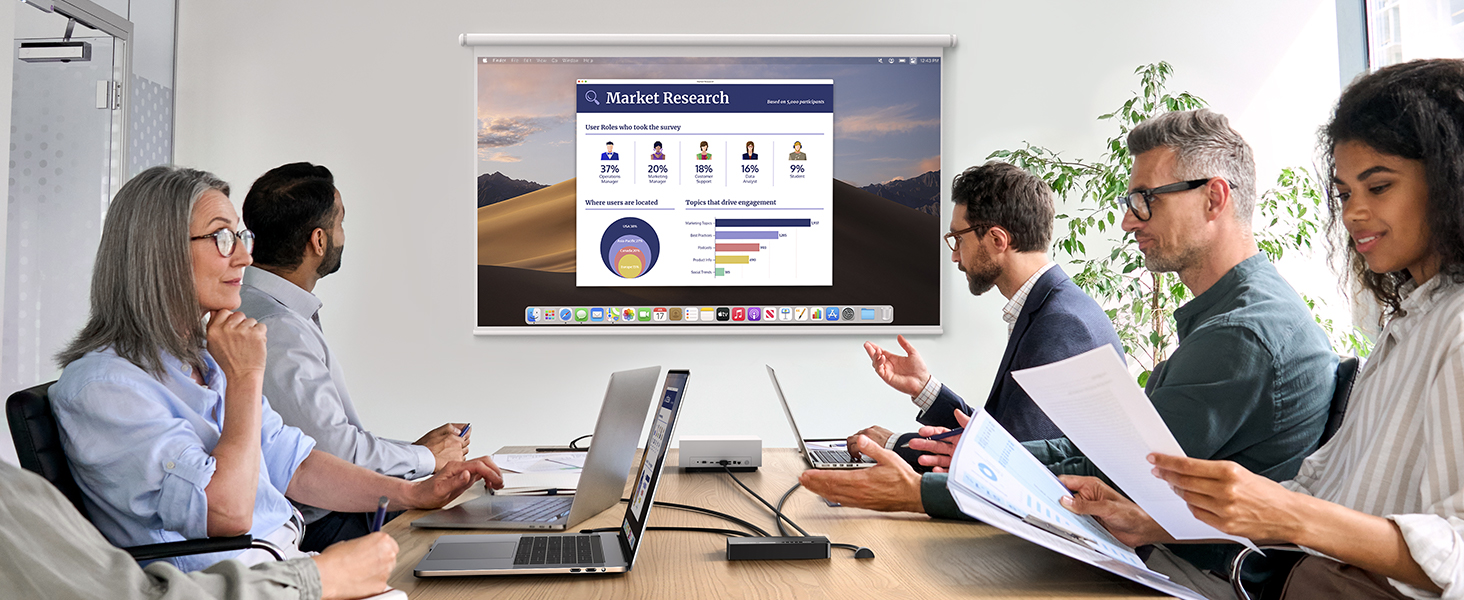 un grupo de personas en una reunión frente a una pantalla que muestra una presentación.