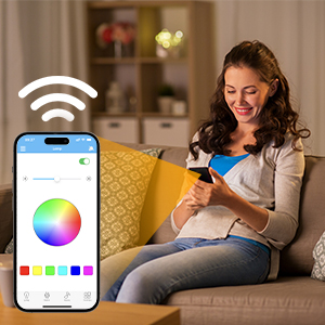 Smartphone som visar färgglad hjulgränssnittsapp tillsammans med WiFi-symbolen, som visar smarta enhetskontrollfunktioner.