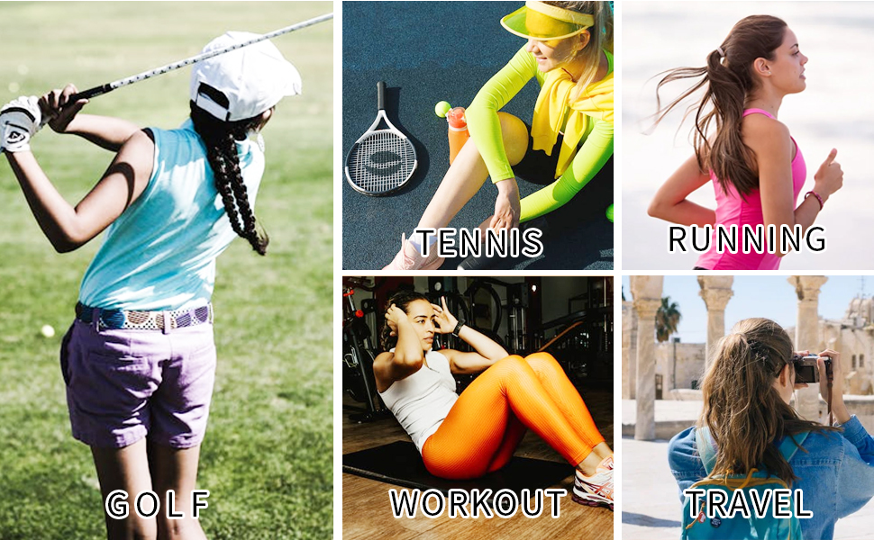 Multi-scenario: golf, yoga, running, hiking, fishing, traveling, outdoor activities.