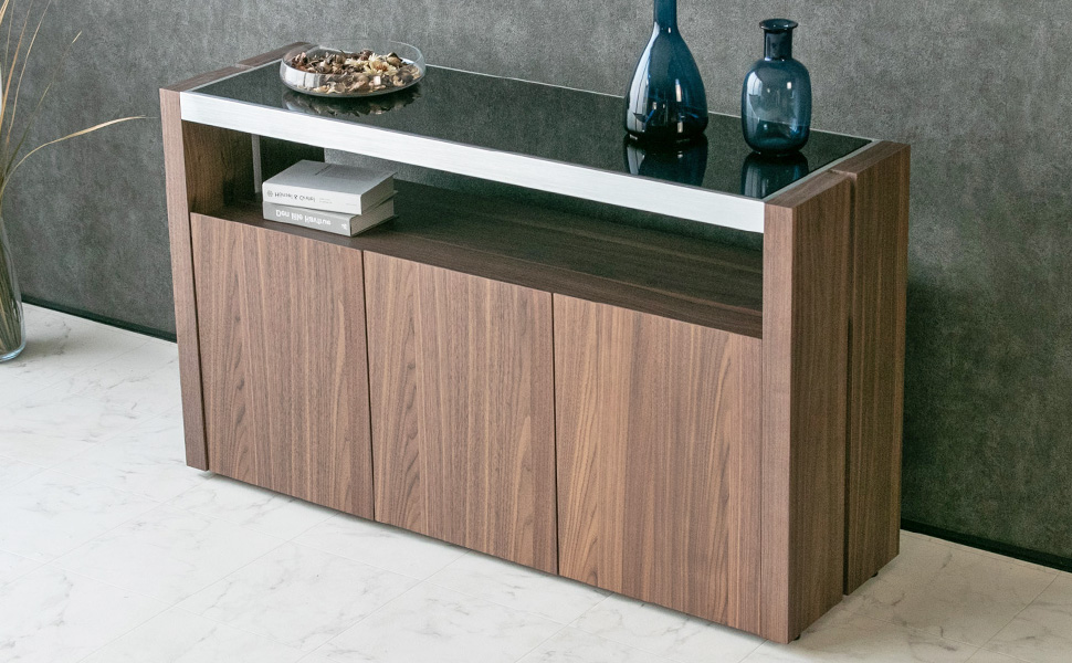 キャビネット　コンパクト　四段　ガラスキャビネット　ウォルナット Amazon｜lushroomキャビネット 収納 ガラス ブラウン