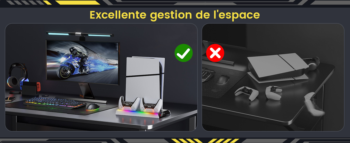 Image fractionnée comparant des configurations de bureau organisées et encombrées. La gauche montre une configuration de jeu soignée avec moniteur, clavier et PlayStation. La droite montre un bureau en désordre avec des appareils éparpillés.
