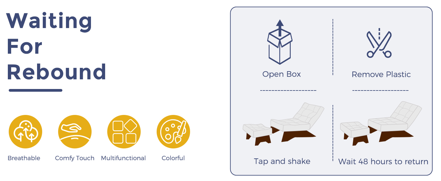 Diagram showing steps to unpack and allow chair cushions to rebound