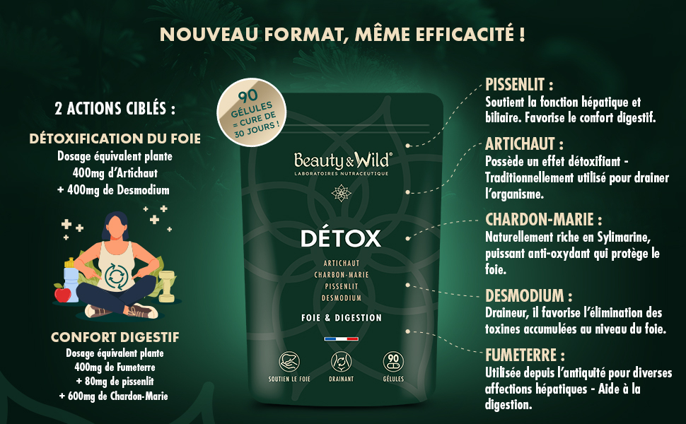 Étiquette de produit verte mettant en valeur la détoxification, le confort digestif et les bienfaits du charbon marin. Comprend des illustrations du foie et du système digestif.